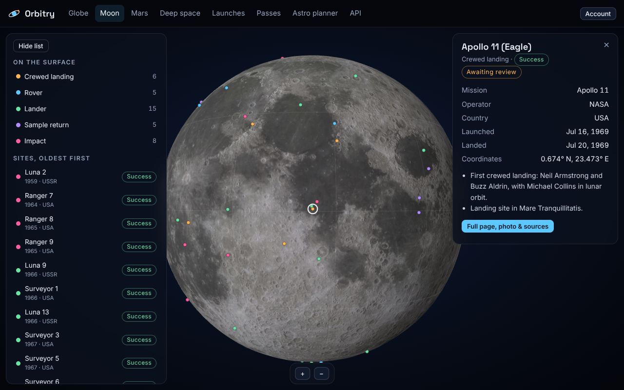 The Moon with Apollo 11's landing site selected