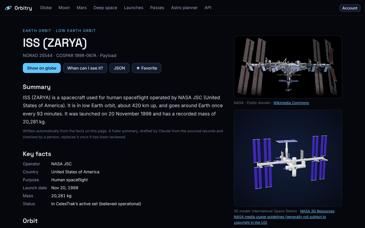 Object page for the International Space Station with a photo and a 3D model