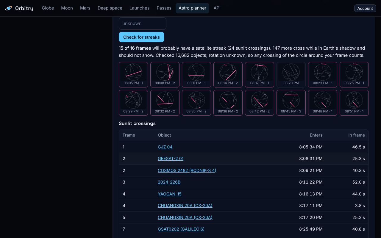 Streak check showing which of sixteen exposures a satellite will cross